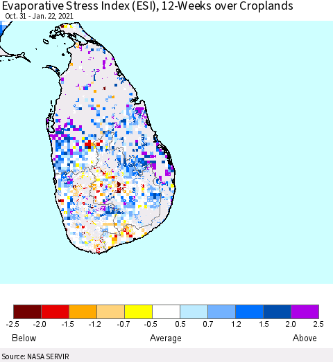 Sri Lanka Evaporative Stress Index (ESI), 12-Weeks over Croplands Thematic Map For 1/18/2021 - 1/24/2021