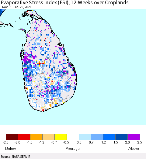 Sri Lanka Evaporative Stress Index (ESI), 12-Weeks over Croplands Thematic Map For 1/25/2021 - 1/31/2021