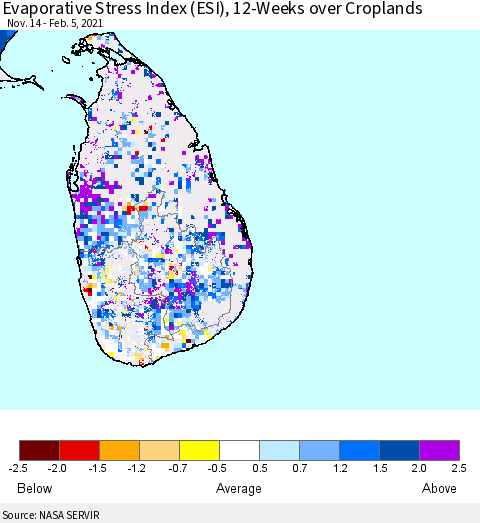 Sri Lanka Evaporative Stress Index 12-Weeks Crop-masked (ESI) Thematic Map For 2/1/2021 - 2/7/2021