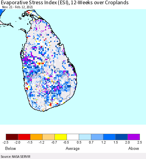 Sri Lanka Evaporative Stress Index (ESI), 12-Weeks over Croplands Thematic Map For 2/8/2021 - 2/14/2021