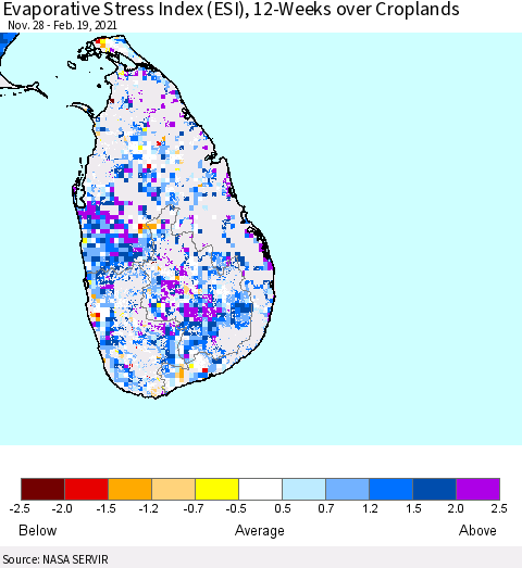 Sri Lanka Evaporative Stress Index (ESI), 12-Weeks over Croplands Thematic Map For 2/15/2021 - 2/21/2021