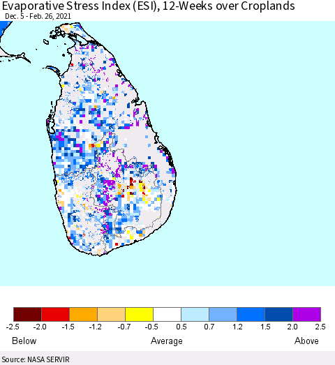 Sri Lanka Evaporative Stress Index 12-Weeks Crop-masked (ESI) Thematic Map For 2/22/2021 - 2/28/2021