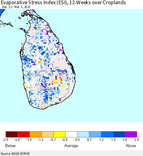 Sri Lanka Evaporative Stress Index 12-Weeks Crop-masked (ESI) Thematic Map For 3/1/2021 - 3/7/2021