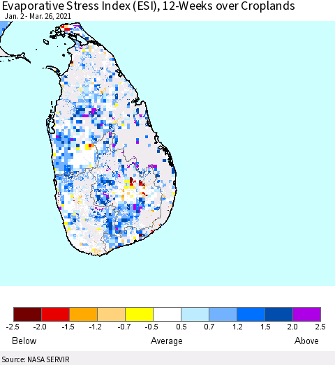 Sri Lanka Evaporative Stress Index 12-Weeks Crop-masked (ESI) Thematic Map For 3/22/2021 - 3/28/2021