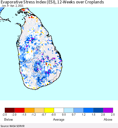 Sri Lanka Evaporative Stress Index 12-Weeks Crop-masked (ESI) Thematic Map For 3/29/2021 - 4/4/2021