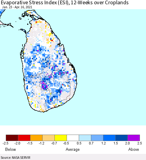 Sri Lanka Evaporative Stress Index (ESI), 12-Weeks over Croplands Thematic Map For 4/12/2021 - 4/18/2021