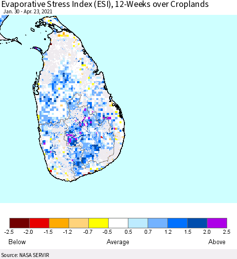 Sri Lanka Evaporative Stress Index (ESI), 12-Weeks over Croplands Thematic Map For 4/19/2021 - 4/25/2021