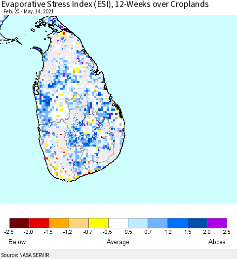 Sri Lanka Evaporative Stress Index (ESI), 12-Weeks over Croplands Thematic Map For 5/10/2021 - 5/16/2021