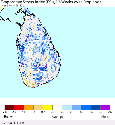 Sri Lanka Evaporative Stress Index (ESI), 12-Weeks over Croplands Thematic Map For 5/24/2021 - 5/30/2021