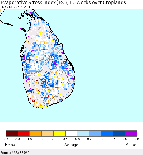 Sri Lanka Evaporative Stress Index (ESI), 12-Weeks over Croplands Thematic Map For 5/31/2021 - 6/6/2021