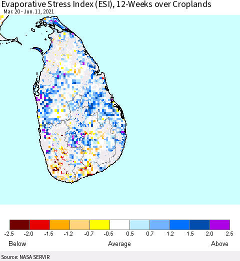 Sri Lanka Evaporative Stress Index (ESI), 12-Weeks over Croplands Thematic Map For 6/7/2021 - 6/13/2021