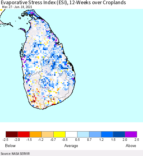 Sri Lanka Evaporative Stress Index (ESI), 12-Weeks over Croplands Thematic Map For 6/14/2021 - 6/20/2021