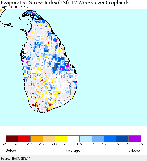 Sri Lanka Evaporative Stress Index (ESI), 12-Weeks over Croplands Thematic Map For 6/28/2021 - 7/4/2021