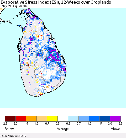 Sri Lanka Evaporative Stress Index (ESI), 12-Weeks over Croplands Thematic Map For 8/16/2021 - 8/22/2021