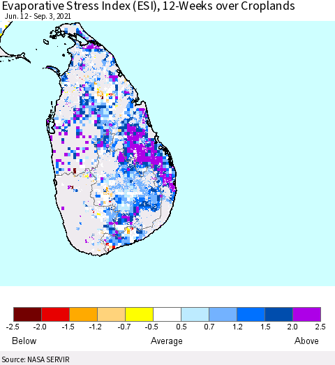 Sri Lanka Evaporative Stress Index (ESI), 12-Weeks over Croplands Thematic Map For 8/30/2021 - 9/5/2021