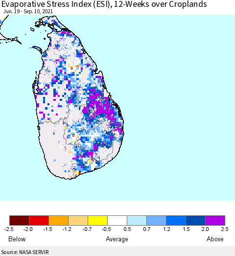 Sri Lanka Evaporative Stress Index (ESI), 12-Weeks over Croplands Thematic Map For 9/6/2021 - 9/12/2021