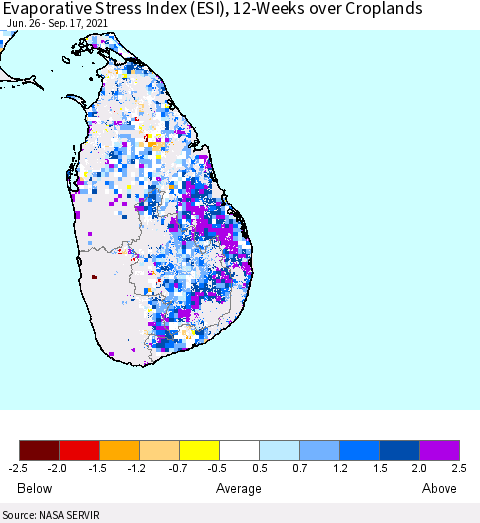 Sri Lanka Evaporative Stress Index (ESI), 12-Weeks over Croplands Thematic Map For 9/13/2021 - 9/19/2021
