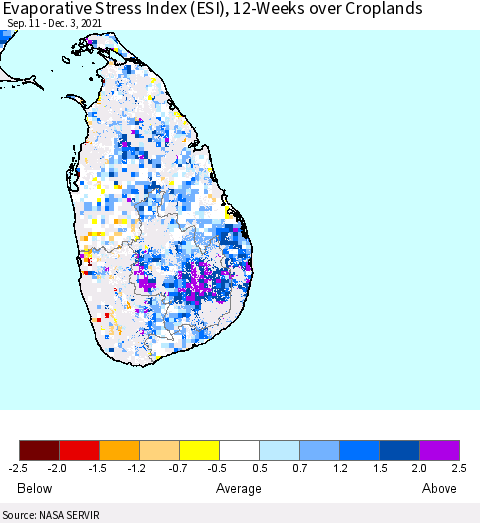 Sri Lanka Evaporative Stress Index (ESI), 12-Weeks over Croplands Thematic Map For 11/29/2021 - 12/5/2021