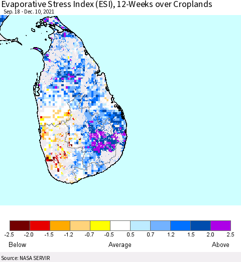 Sri Lanka Evaporative Stress Index (ESI), 12-Weeks over Croplands Thematic Map For 12/6/2021 - 12/12/2021
