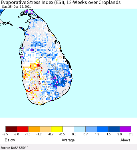 Sri Lanka Evaporative Stress Index (ESI), 12-Weeks over Croplands Thematic Map For 12/13/2021 - 12/19/2021