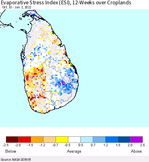 Sri Lanka Evaporative Stress Index (ESI), 12-Weeks over Croplands Thematic Map For 12/27/2021 - 1/2/2022