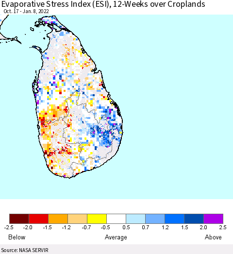 Sri Lanka Evaporative Stress Index (ESI), 12-Weeks over Croplands Thematic Map For 1/3/2022 - 1/9/2022