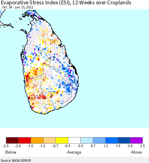 Sri Lanka Evaporative Stress Index (ESI), 12-Weeks over Croplands Thematic Map For 1/10/2022 - 1/16/2022