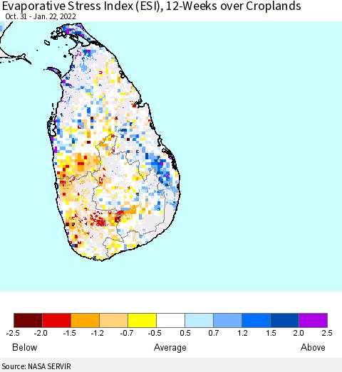 Sri Lanka Evaporative Stress Index (ESI), 12-Weeks over Croplands Thematic Map For 1/17/2022 - 1/23/2022