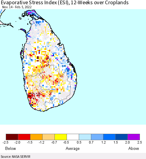 Sri Lanka Evaporative Stress Index (ESI), 12-Weeks over Croplands Thematic Map For 1/31/2022 - 2/6/2022