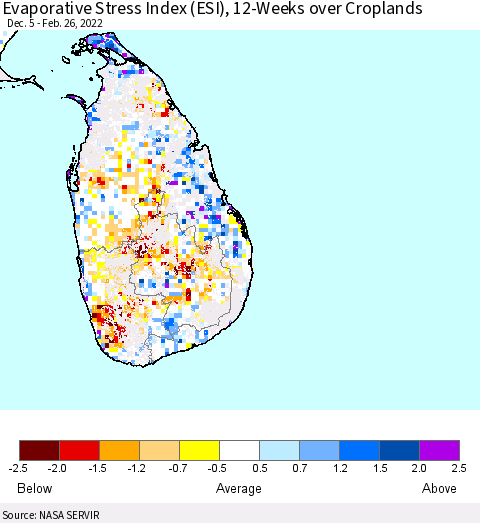 Sri Lanka Evaporative Stress Index (ESI), 12-Weeks over Croplands Thematic Map For 2/21/2022 - 2/27/2022