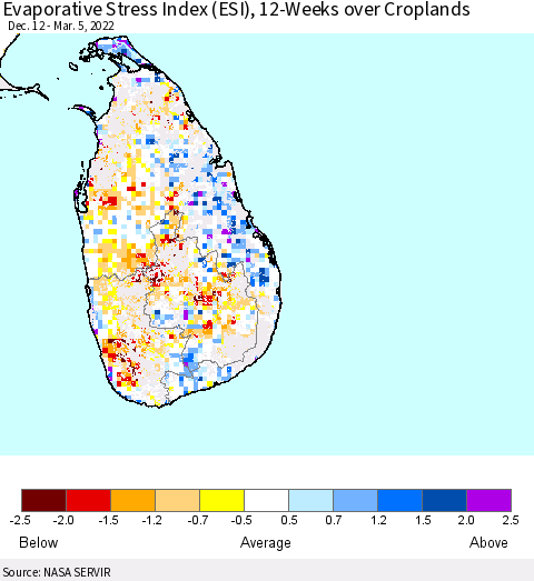 Sri Lanka Evaporative Stress Index (ESI), 12-Weeks over Croplands Thematic Map For 2/28/2022 - 3/6/2022