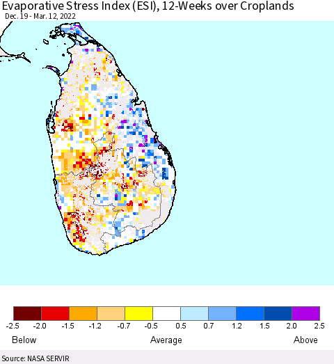Sri Lanka Evaporative Stress Index (ESI), 12-Weeks over Croplands Thematic Map For 3/7/2022 - 3/13/2022