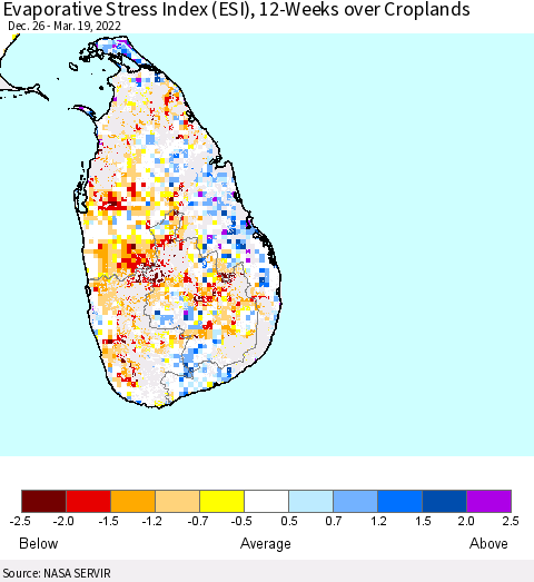 Sri Lanka Evaporative Stress Index (ESI), 12-Weeks over Croplands Thematic Map For 3/14/2022 - 3/20/2022