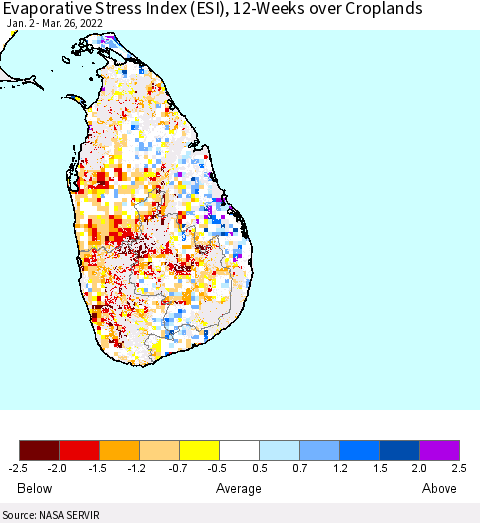 Sri Lanka Evaporative Stress Index (ESI), 12-Weeks over Croplands Thematic Map For 3/21/2022 - 3/27/2022