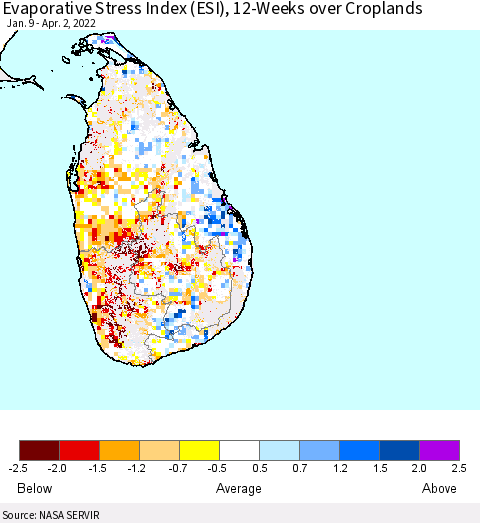 Sri Lanka Evaporative Stress Index (ESI), 12-Weeks over Croplands Thematic Map For 3/28/2022 - 4/3/2022