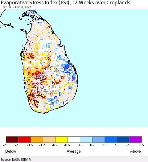 Sri Lanka Evaporative Stress Index (ESI), 12-Weeks over Croplands Thematic Map For 4/4/2022 - 4/10/2022