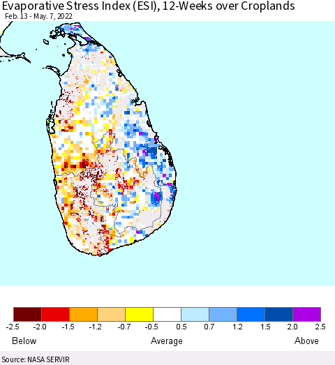 Sri Lanka Evaporative Stress Index (ESI), 12-Weeks over Croplands Thematic Map For 5/2/2022 - 5/8/2022