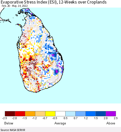 Sri Lanka Evaporative Stress Index (ESI), 12-Weeks over Croplands Thematic Map For 5/9/2022 - 5/15/2022