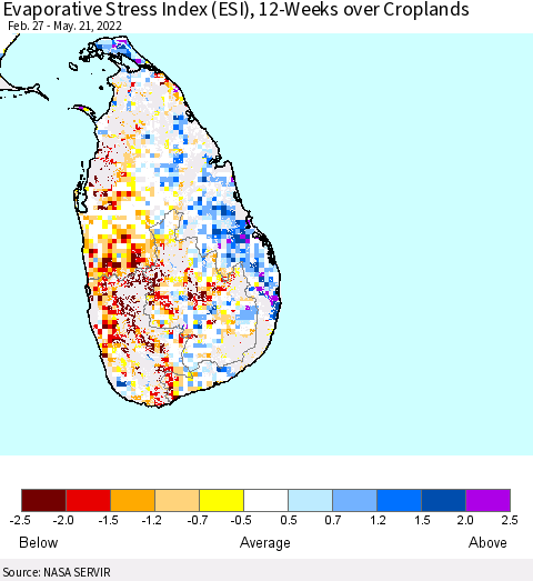 Sri Lanka Evaporative Stress Index (ESI), 12-Weeks over Croplands Thematic Map For 5/16/2022 - 5/22/2022