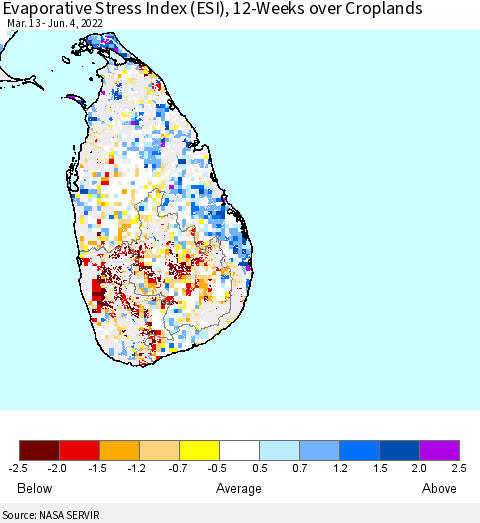 Sri Lanka Evaporative Stress Index (ESI), 12-Weeks over Croplands Thematic Map For 5/30/2022 - 6/5/2022
