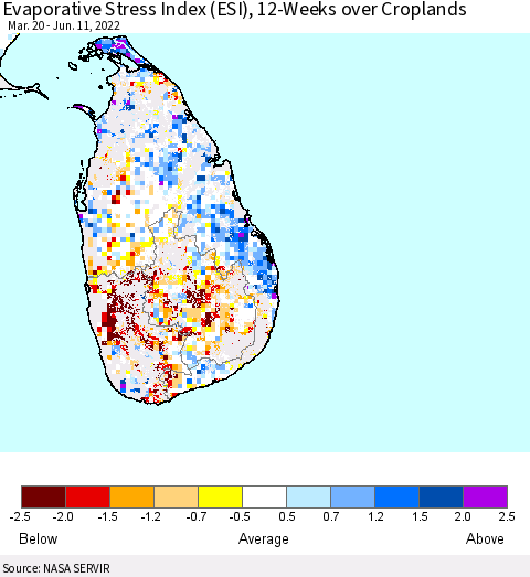 Sri Lanka Evaporative Stress Index (ESI), 12-Weeks over Croplands Thematic Map For 6/6/2022 - 6/12/2022