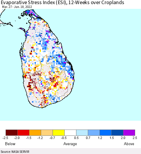 Sri Lanka Evaporative Stress Index (ESI), 12-Weeks over Croplands Thematic Map For 6/13/2022 - 6/19/2022