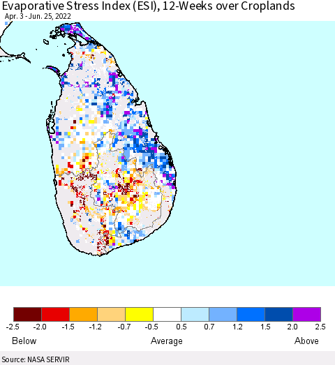 Sri Lanka Evaporative Stress Index (ESI), 12-Weeks over Croplands Thematic Map For 6/20/2022 - 6/26/2022