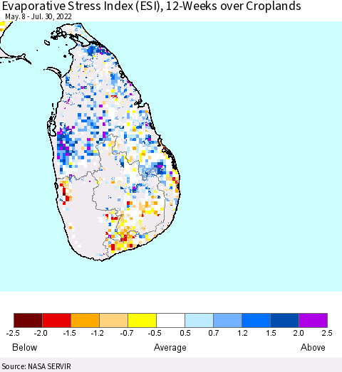 Sri Lanka Evaporative Stress Index (ESI), 12-Weeks over Croplands Thematic Map For 7/25/2022 - 7/31/2022