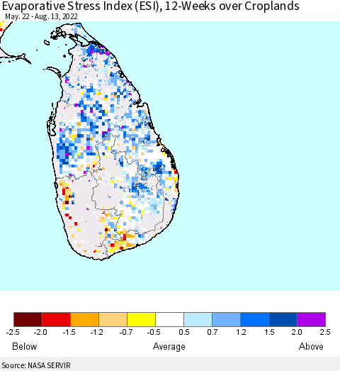Sri Lanka Evaporative Stress Index (ESI), 12-Weeks over Croplands Thematic Map For 8/8/2022 - 8/14/2022