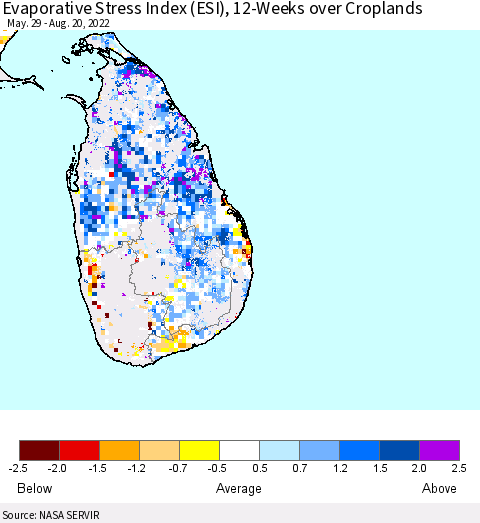 Sri Lanka Evaporative Stress Index (ESI), 12-Weeks over Croplands Thematic Map For 8/15/2022 - 8/21/2022