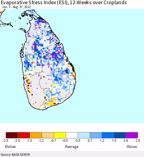 Sri Lanka Evaporative Stress Index (ESI), 12-Weeks over Croplands Thematic Map For 8/22/2022 - 8/28/2022