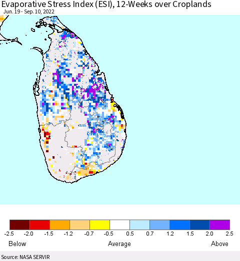 Sri Lanka Evaporative Stress Index (ESI), 12-Weeks over Croplands Thematic Map For 9/5/2022 - 9/11/2022
