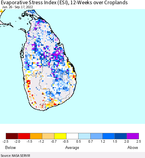 Sri Lanka Evaporative Stress Index (ESI), 12-Weeks over Croplands Thematic Map For 9/12/2022 - 9/18/2022