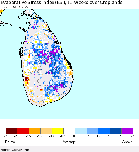 Sri Lanka Evaporative Stress Index (ESI), 12-Weeks over Croplands Thematic Map For 10/3/2022 - 10/9/2022